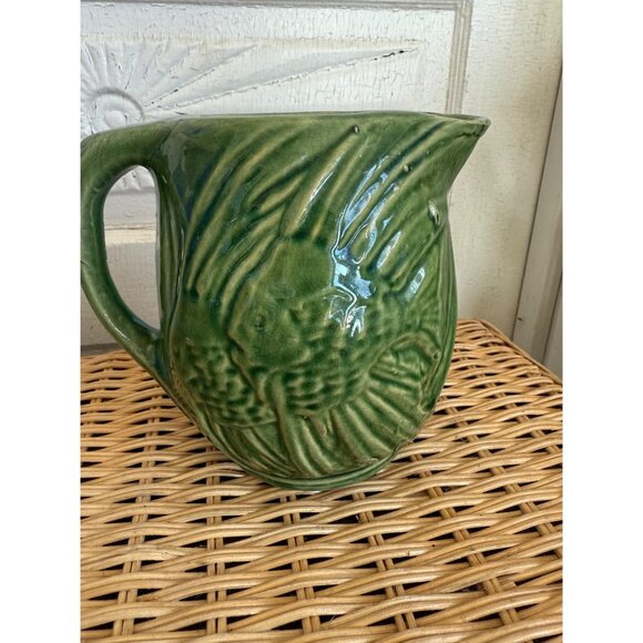 Vintage 1930s McCoy Green Water Pitcher Angel Fish Farmhouse Rustic Primitive - Picture 9 of 10